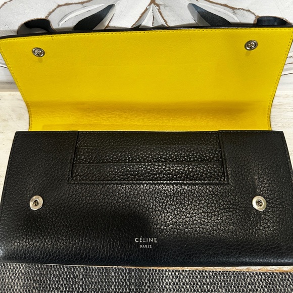 Celine Handbags - Celine Black Leather Flap Long Wallet Yellow Interior w COA